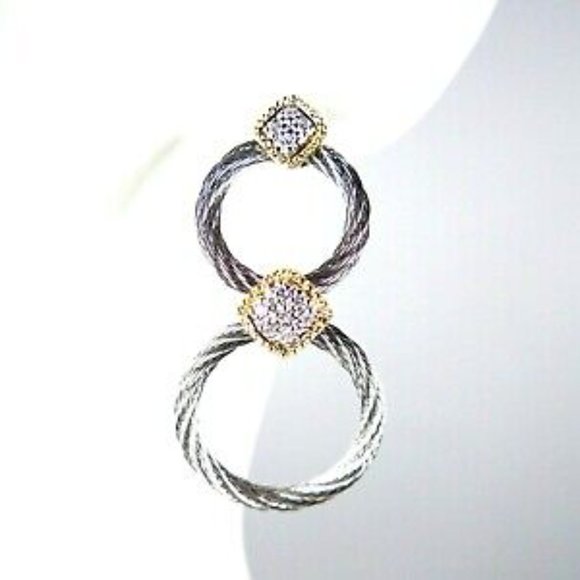 ALOR 18K Gold Stainless Steel Classique Diamond Pave Double Hoop Drop Earrings - Picture 3 of 10